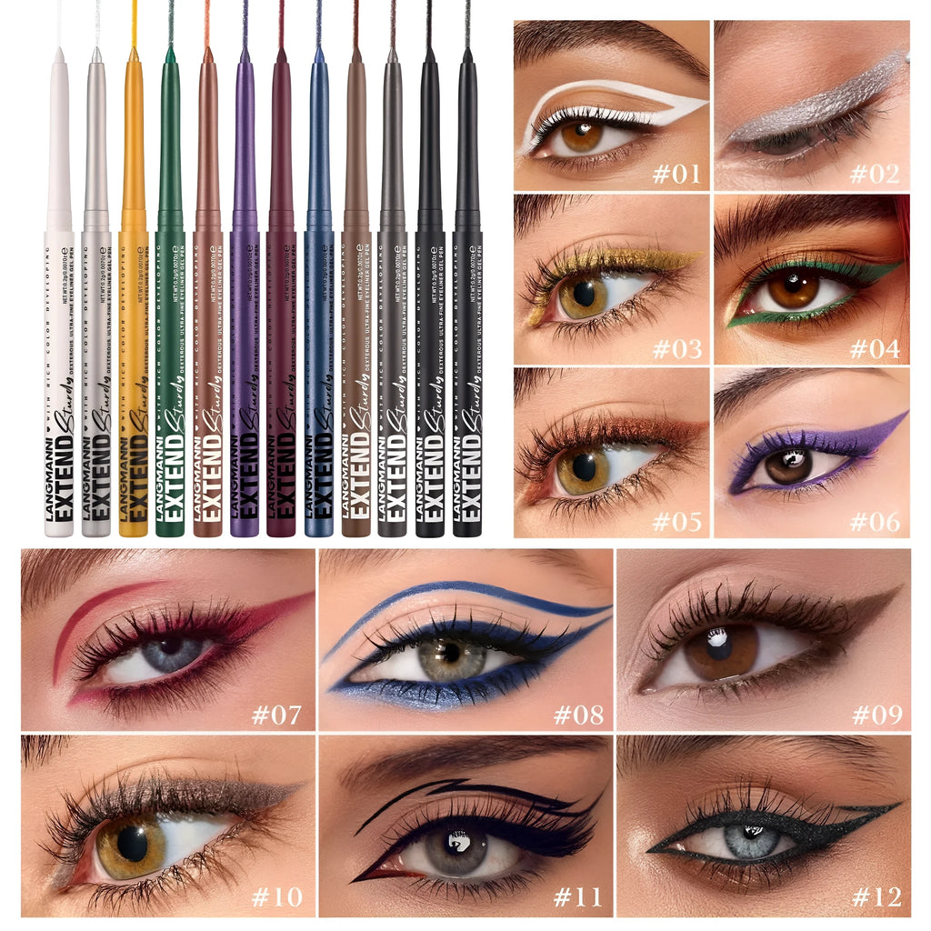 12 colourful gel eyeliner pencils with matte, glitter, metallic and pearl effects displayed together