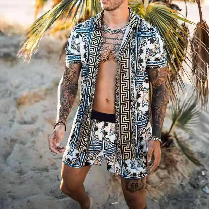 Men's Hawaiian set with polyester four-way stretch shirt and beach shorts, sizes S-XXXL, three styles