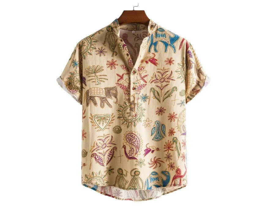 Man wearing a loose fit cardigan shirt with a 3D digitally printed pattern in a colour-matching design.