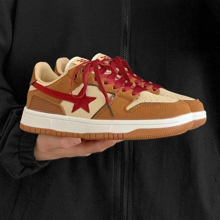 Brown women's platform sneakers with sequin details on PU leather upper and a white rubber sole.