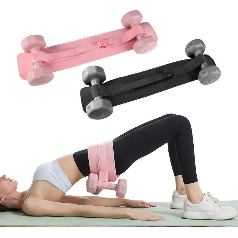 Black hip thrust resistance belt with dumbbell attachment for weight training