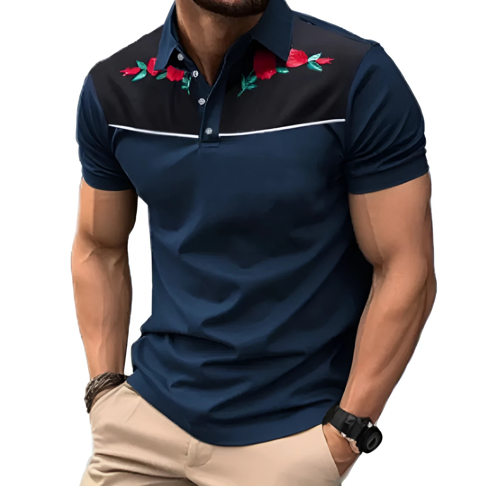 Men's grey short sleeve mesh polo shirt with a silver zipper decoration on the chest.