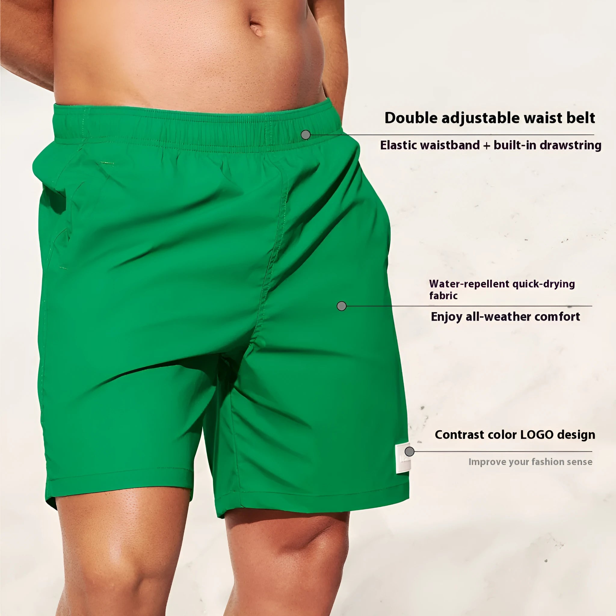 Men's solid colour quick-drying nylon sports shorts on a white background.