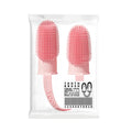 Pet dental finger toothbrush set in pink, blue green, and grass yellow colours, showing double finger design.