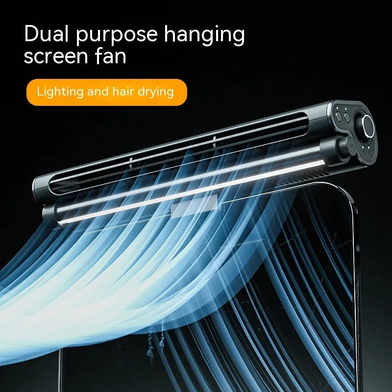 Black USB-powered bladeless clip-on desk fan with LED lighting lamp for computer screens