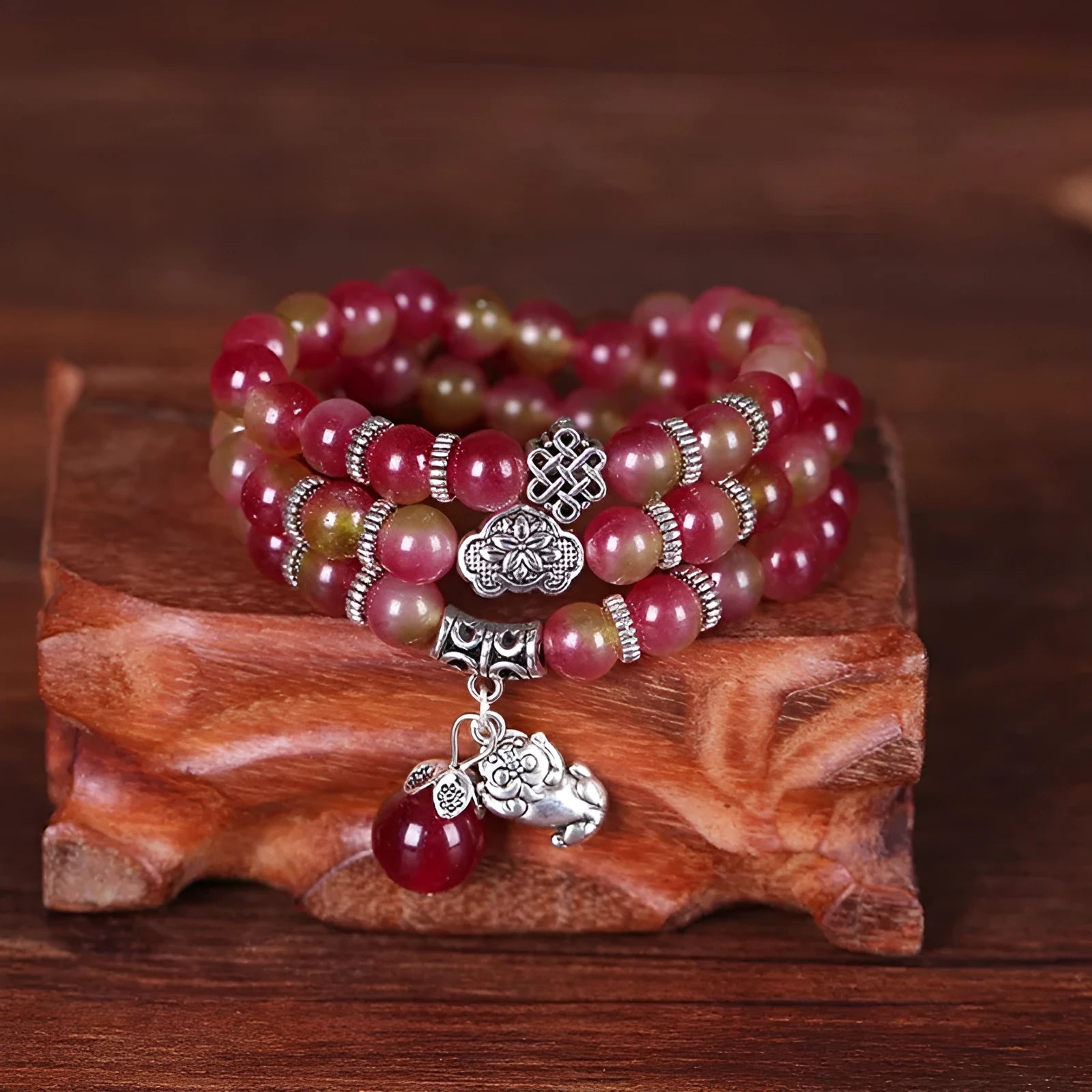 Watermelon crystal bracelet with Chinese knot design in 6mm or 8mm elephant style beads
