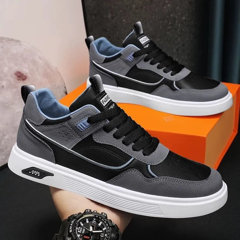 Men's low-top canvas board shoes in beige with leather stitching and a mesh lining.