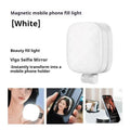 Black mini portable fill light with dial control magnetically attached to a mobile phone.