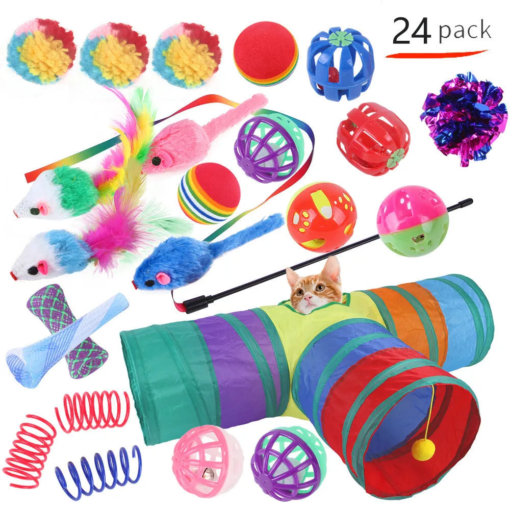 Plastic cat toy channel maze set with coloured accessories for feline play