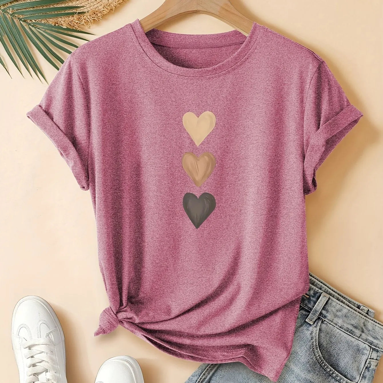 Women's three-heart printed pure cotton short sleeve T-shirt in art retro Chinese style