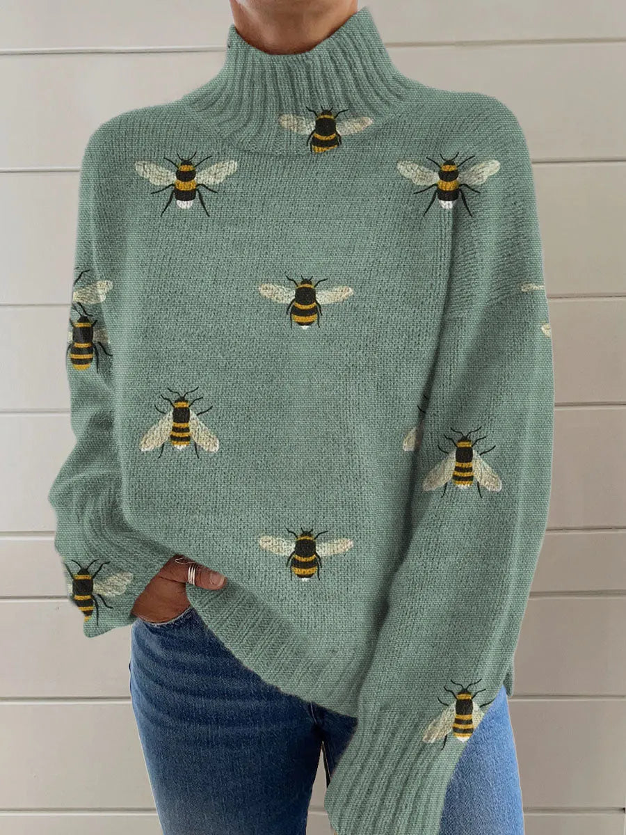 Women's loose fit Christmas printed turtleneck sweater in macaron colours with painting pattern design