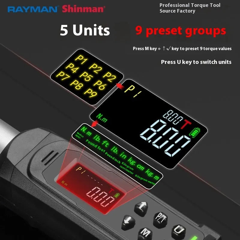 Electronic digital display torque wrench with triple alert system showing sound, light, and vibration warnings