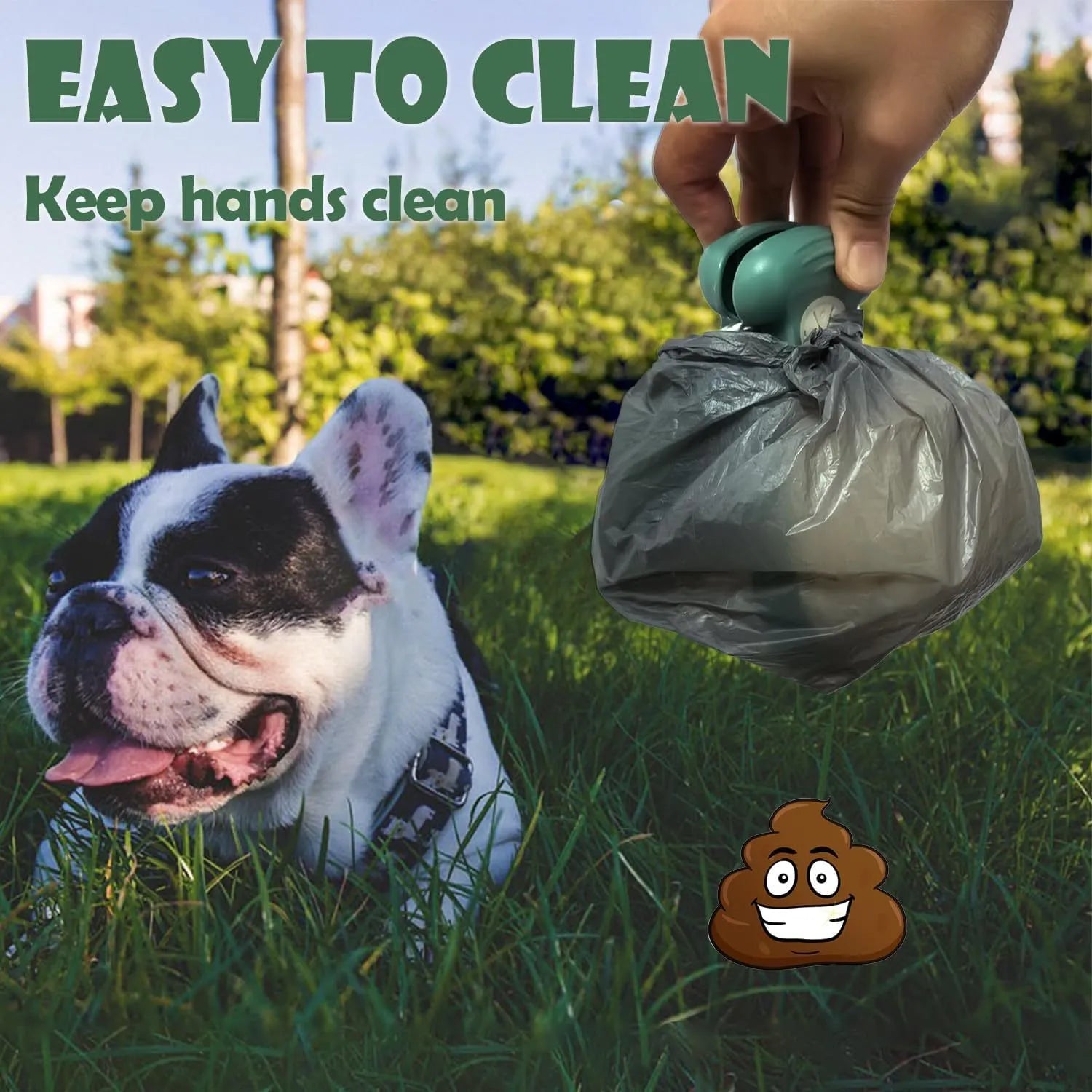 Blue portable dog pooper scooper with clip and expandable waste container next to a dog leash.
