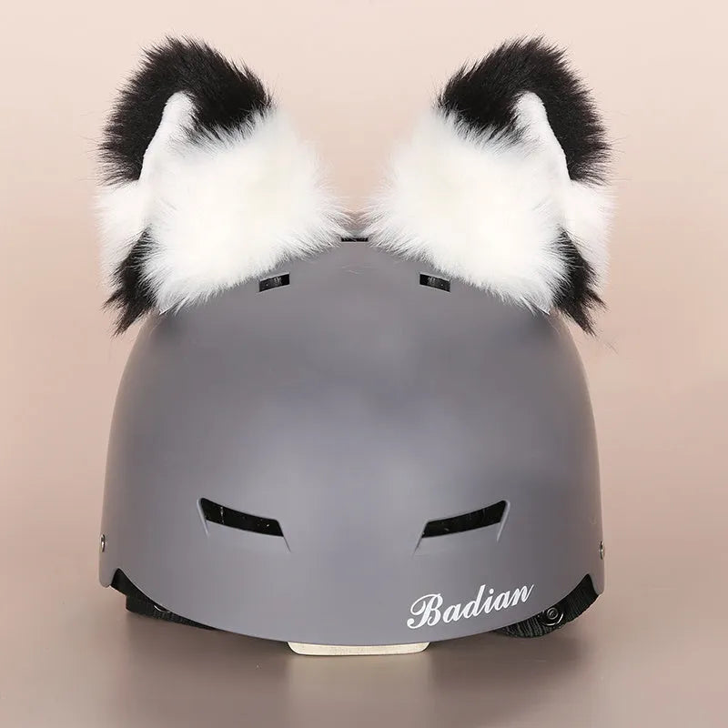 Cute plush cartoon animal character hat designed to decorate a standard ski helmet.