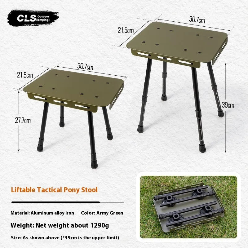 CLS aluminium folding camping stool in army green, shown extended as a seat and converted into a small table.