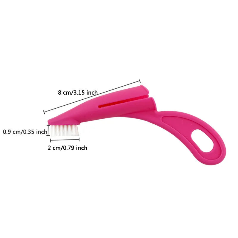 Red and white finger sleeve toothbrush for dog and cat dental care on a blue background.