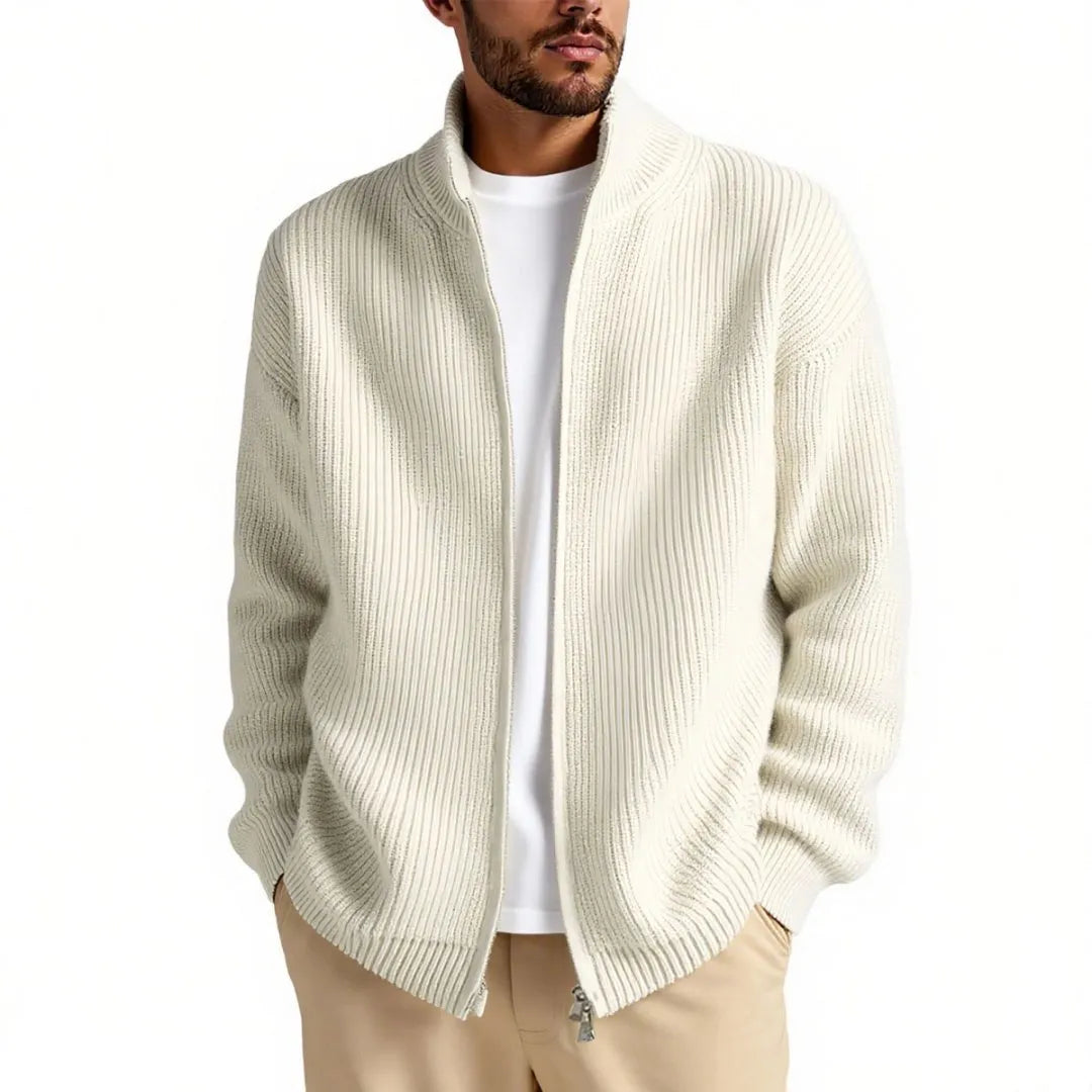 Loose-fit grey men's cardigan sweater on a hanger, front view.