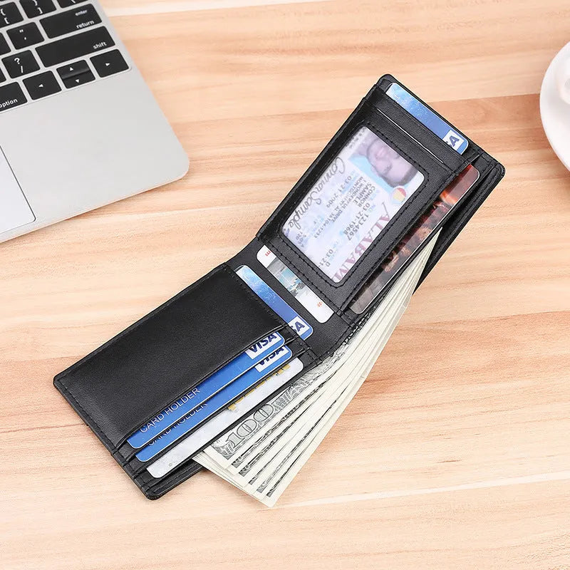 Men's leather tracker wallet made from scalp cow leather in black, showing front and card slot details