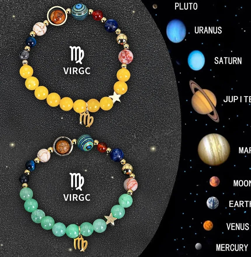 Set of twelve natural stone beaded bracelets, each with a different zodiac sign charm, on a white background.