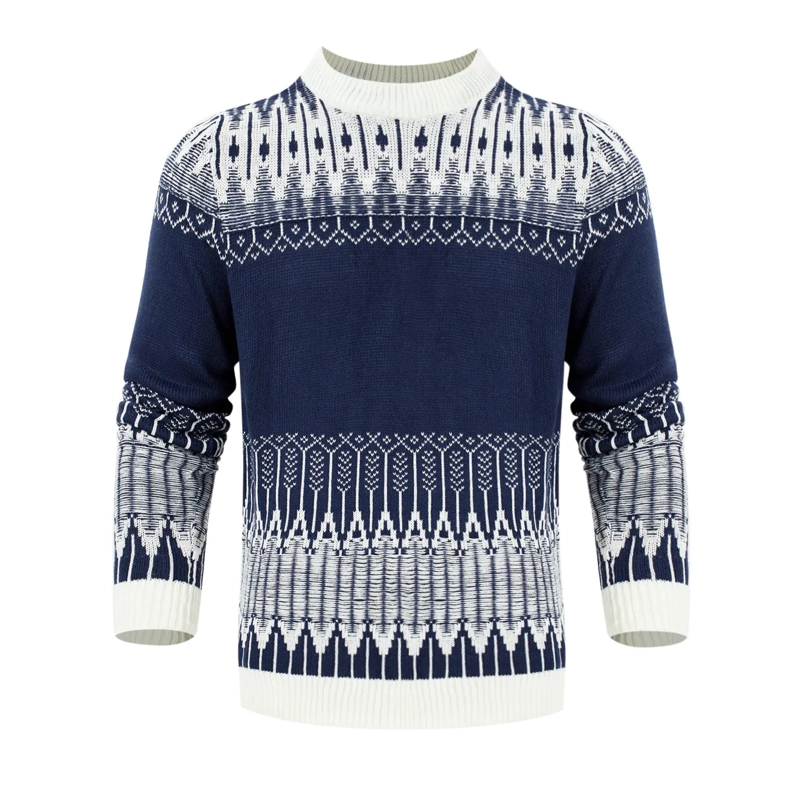 Men's grey cable-knit long sleeve pullover sweater on a hanger
