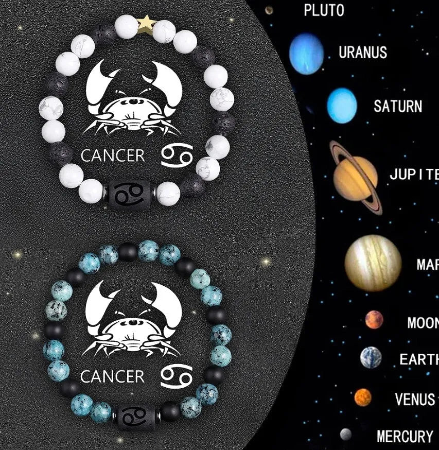 Natural stone beaded zodiac bracelets showing twelve different birth sign designs on elastic cords