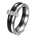 Ceramic women's ring with 6mm zirconium inlay in geometric design, available in steel black or gold white finishes