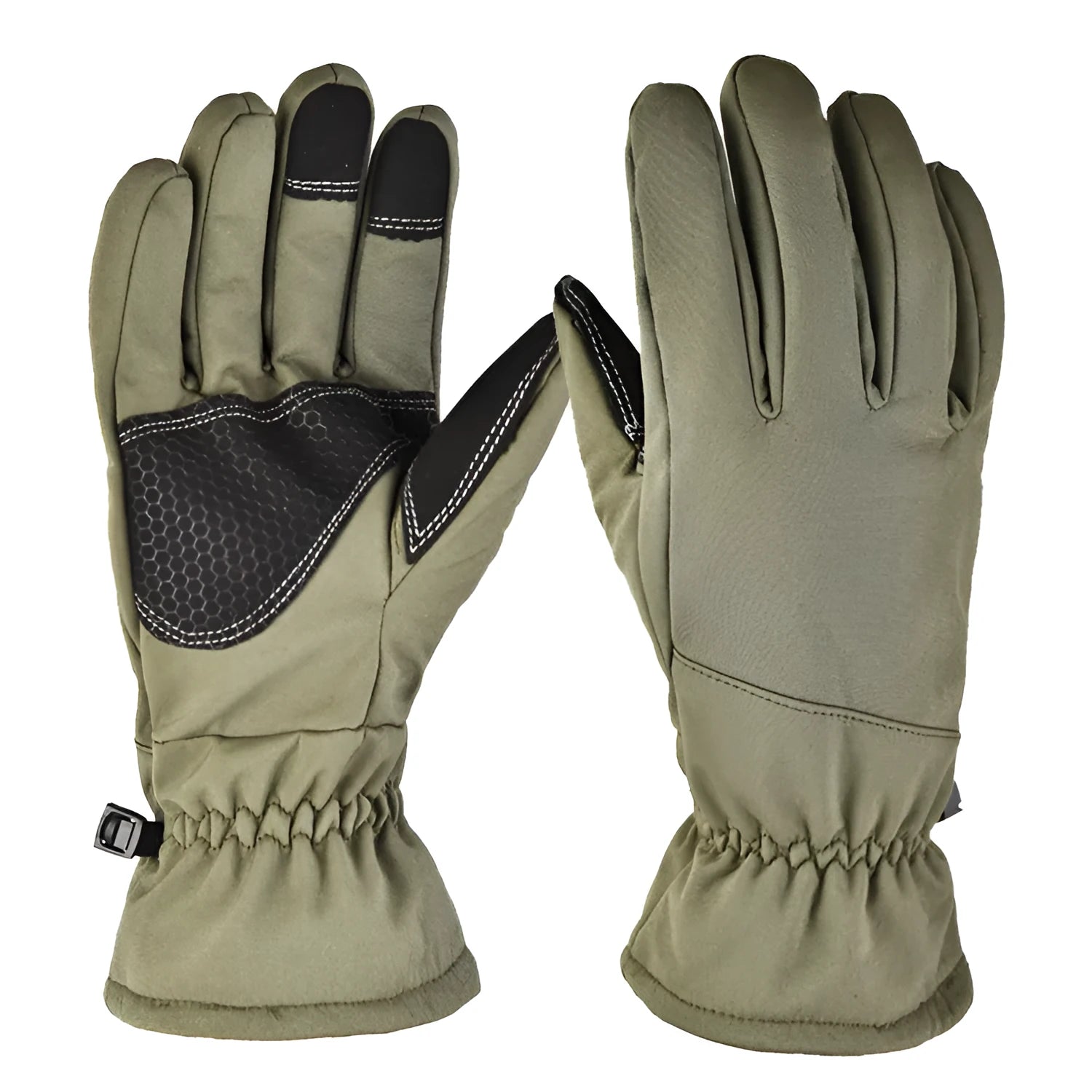 Tactical ski gloves in camouflage colour with touchscreen fingertips and anti-slip palm surface