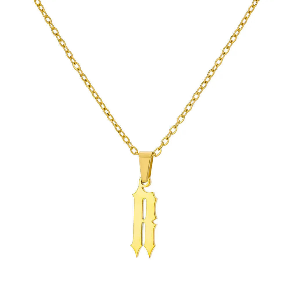 Gold stainless steel ancient English letter pendant necklace with O-ring chain on white background