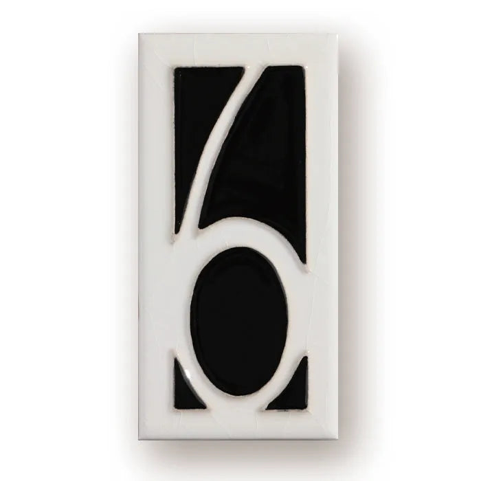 Handmade retro-style ceramic doorplate with a white enamel background and a raised black number 5, shown at 76mm by 152mm.