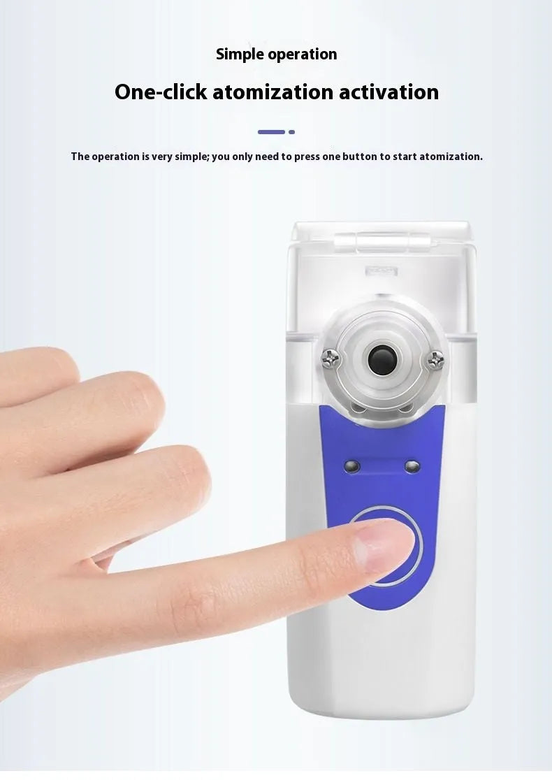 Handheld columnar plastic nebuliser with USB cable for humidification and drug atomisation.