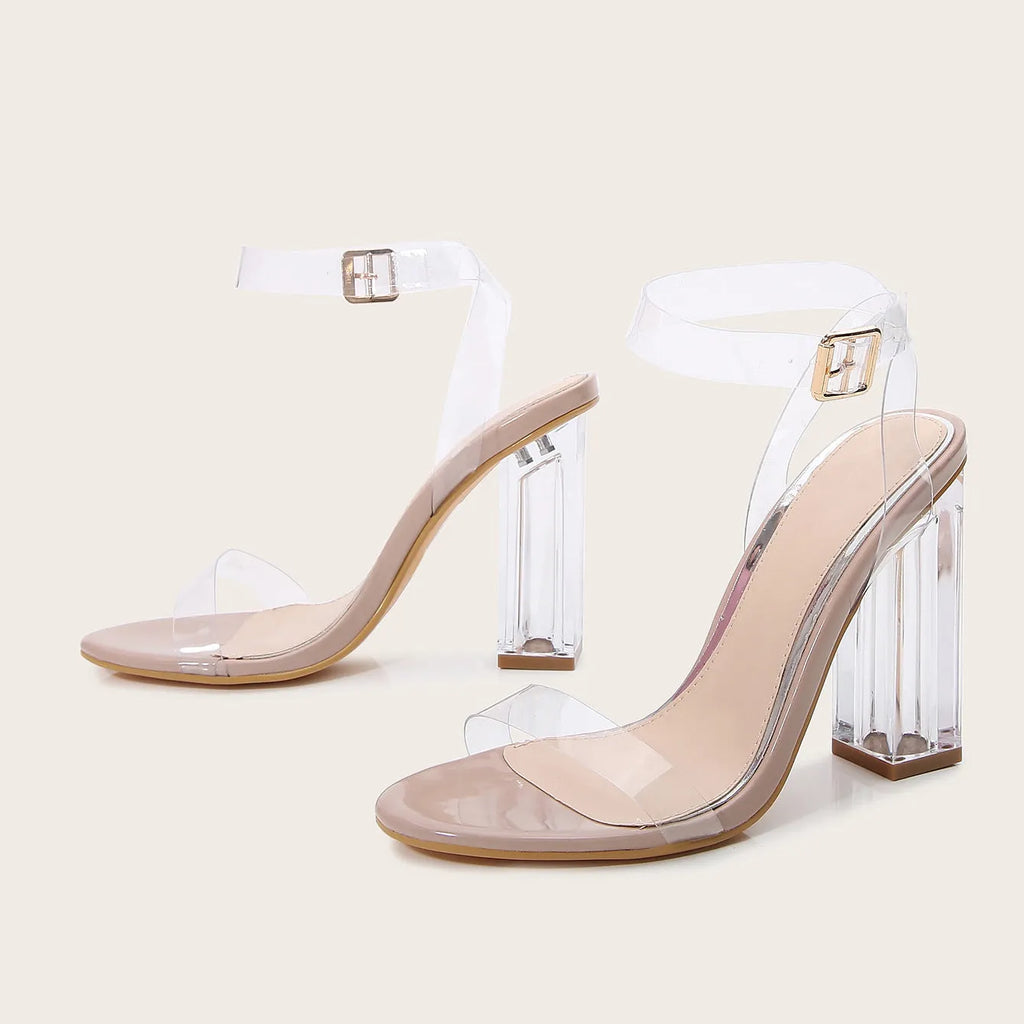 Women's apricot glass heel sandals with clear PVC upper and buckle fastening