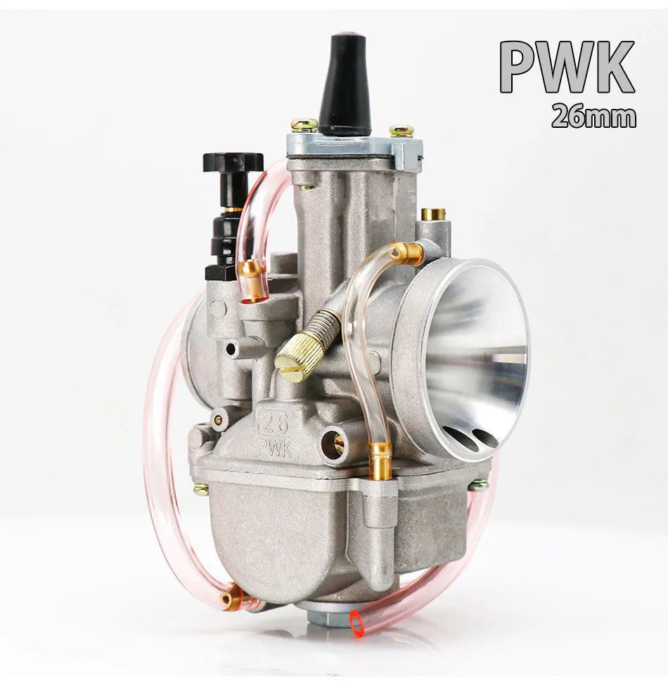 PWK sandblasted motorcycle carburetor for performance modification, showing seven size options from 21mm to 34mm.