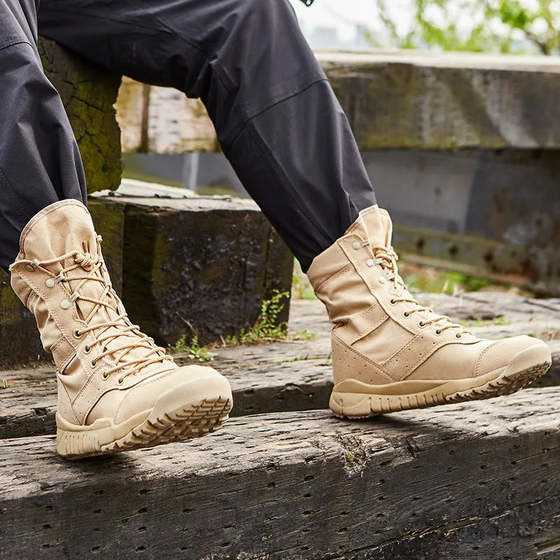 Yulong tactical desert combat boots in black and sand colour for outdoor activities.