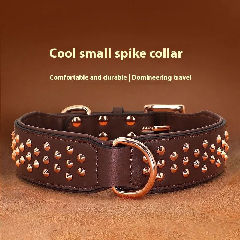Leather dog collar with a line of metal anti-bite rivets, shown in chocolate brown colour.