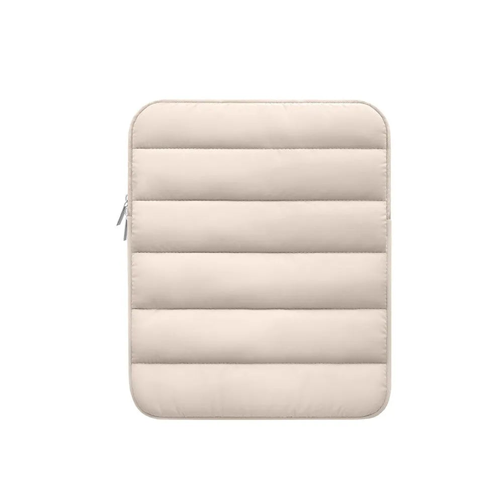 Puff bag laptop sleeve with elastic sides in black, khaki, or silver for 9.7-11 inch devices
