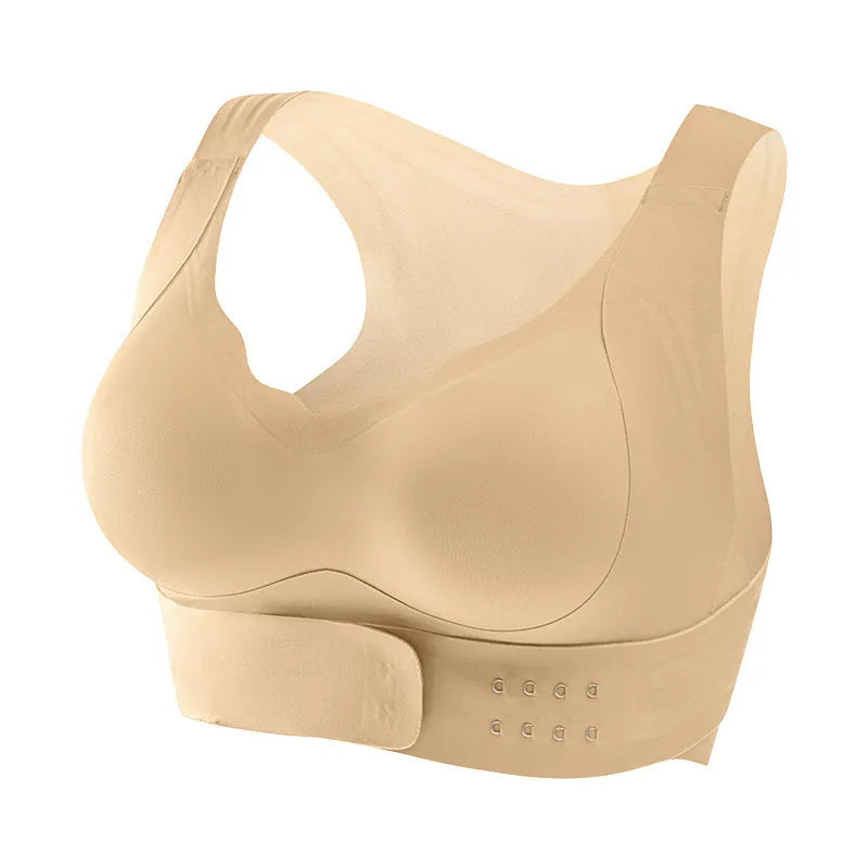 Women's front buckle yoga bra in black, showing back shaping design and adjustable straps.