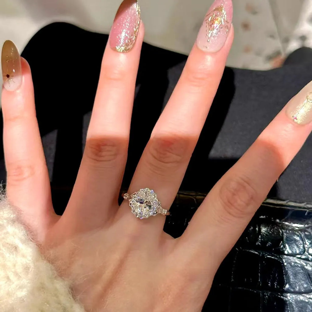 Silver geometric big diamond statement ring with adjustable opening for women