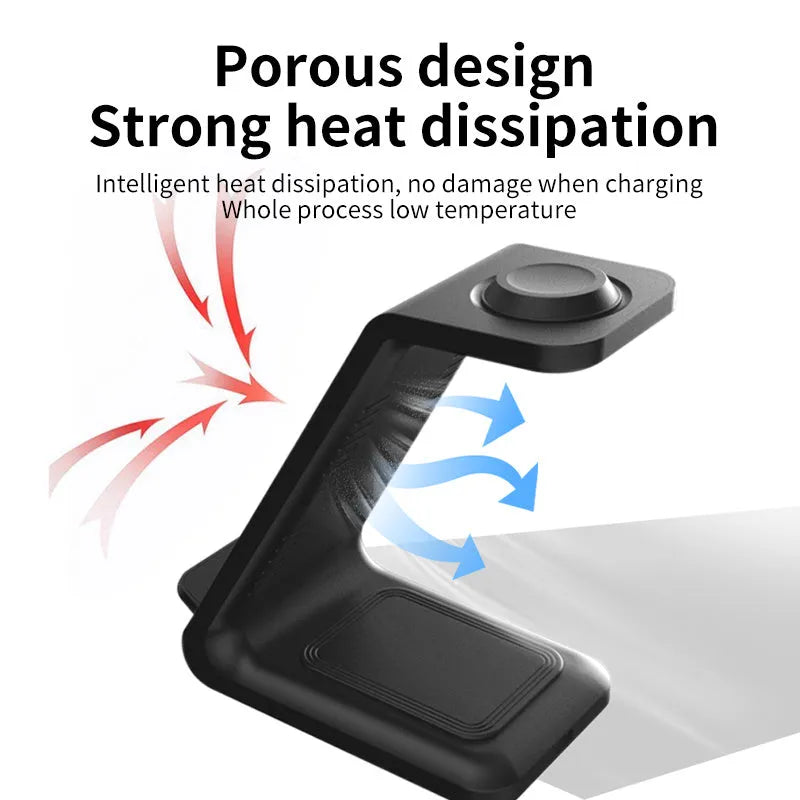 White upright wireless phone charger with dual coil design and phone in charging position