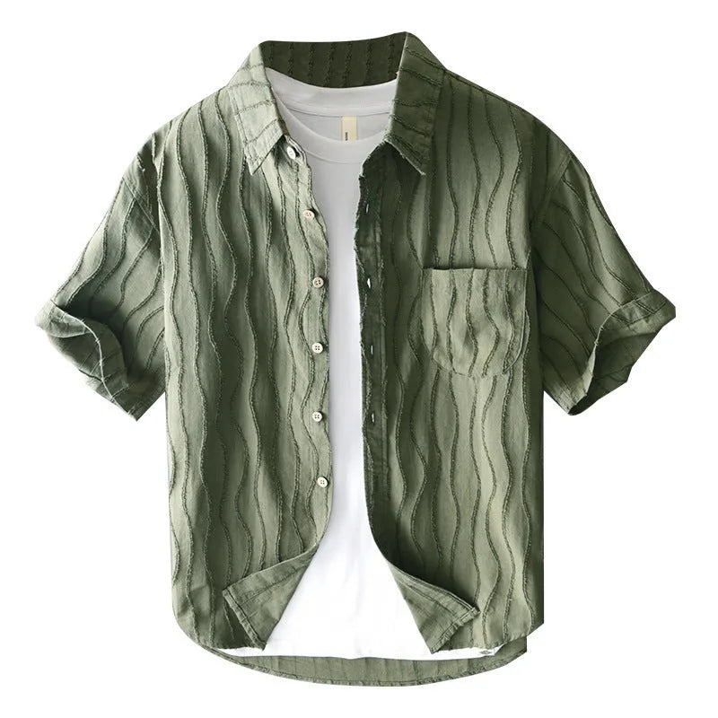 Men's loose-fitting pure cotton casual shirt in apricot colour with short sleeves.