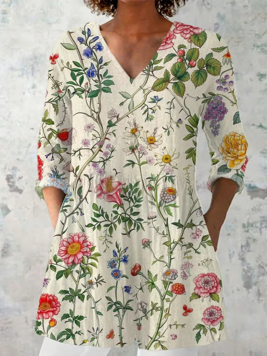 Women's retro slim fit printed long-sleeved top in polyester fabric with digital printing design