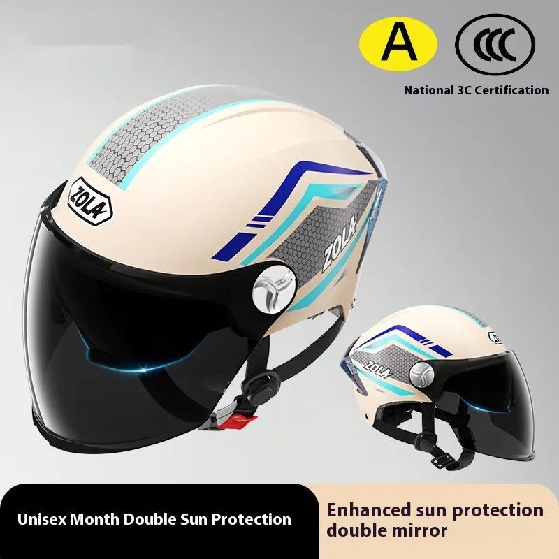 Motorcycle half helmet with double mirror visor in ABS construction, showing universal fit design