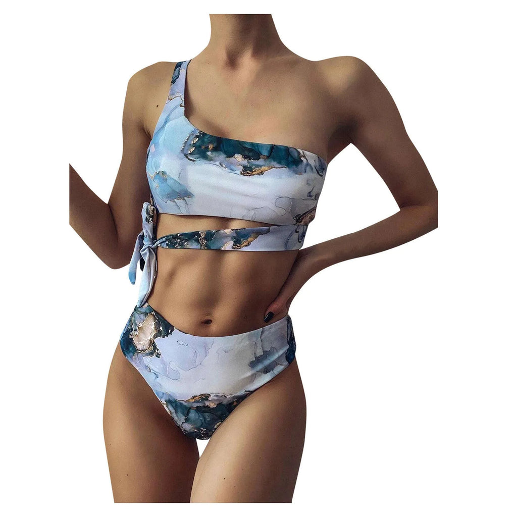Women's high waist bikini swimsuit set with marble tie-dye print and U-neck design.