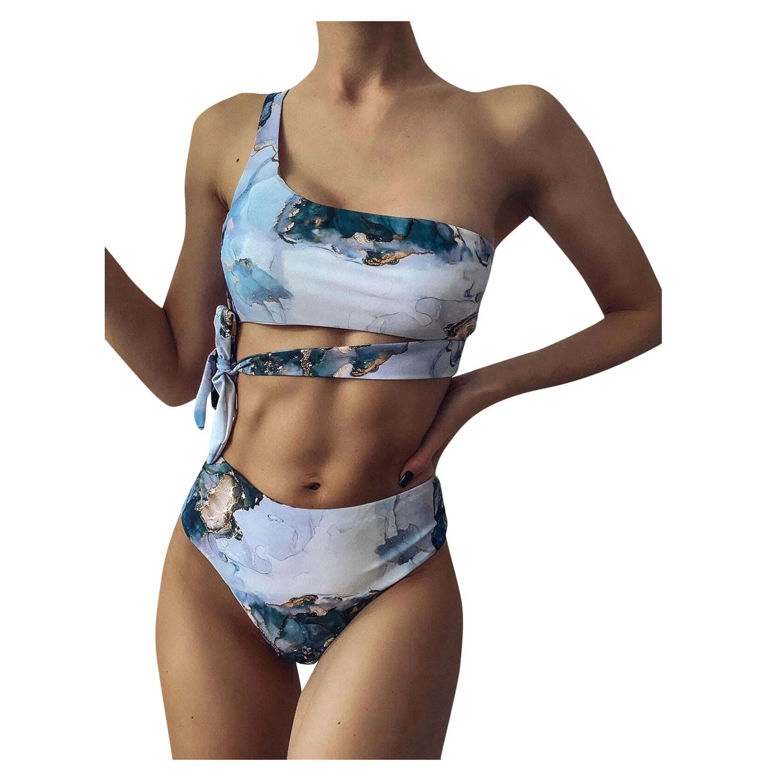Women's high waist bikini swimsuit set with marble tie-dye print and U-neck design.