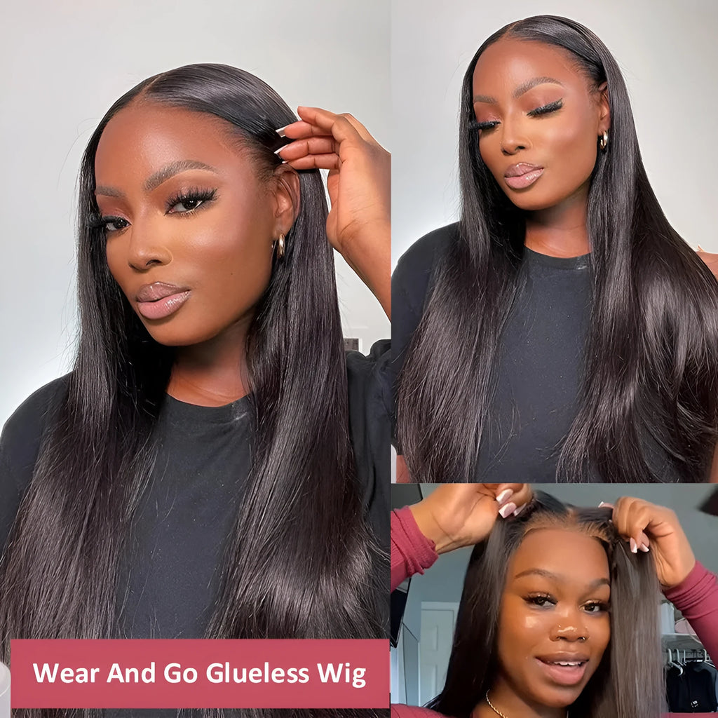 A woman wearing a long, straight, black human hair glueless wig with side bangs