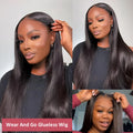 A woman wearing a long, straight, black human hair glueless wig with side bangs