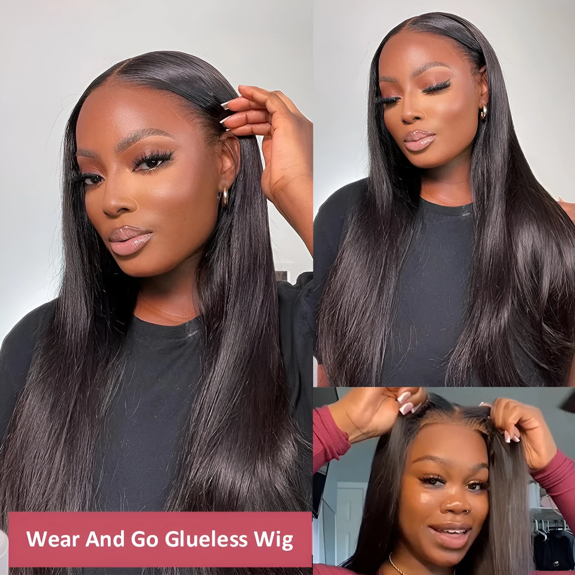 A woman wearing a long, straight, black human hair glueless wig with side bangs