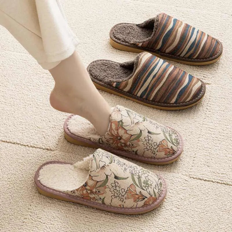 Linen and cotton household slippers with PVC sole in a floral colour option showing size and material detail.