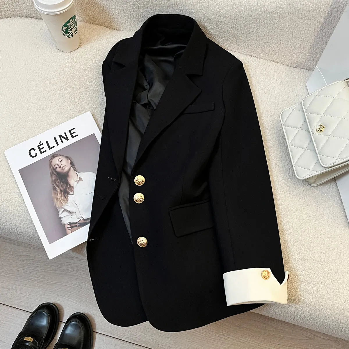 Women's Korean style loose fit coat in milky white with pockets and mid-length cut