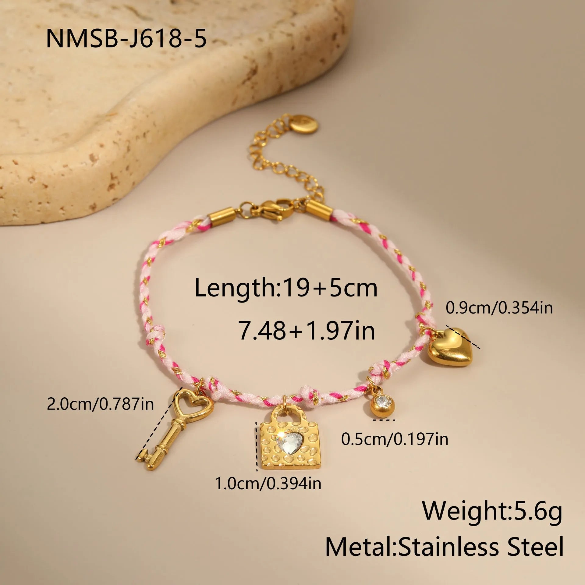 Handmade braided rope titanium steel necklace and bracelet set with 18K gold electroplated heart, star, and geometric pendants.