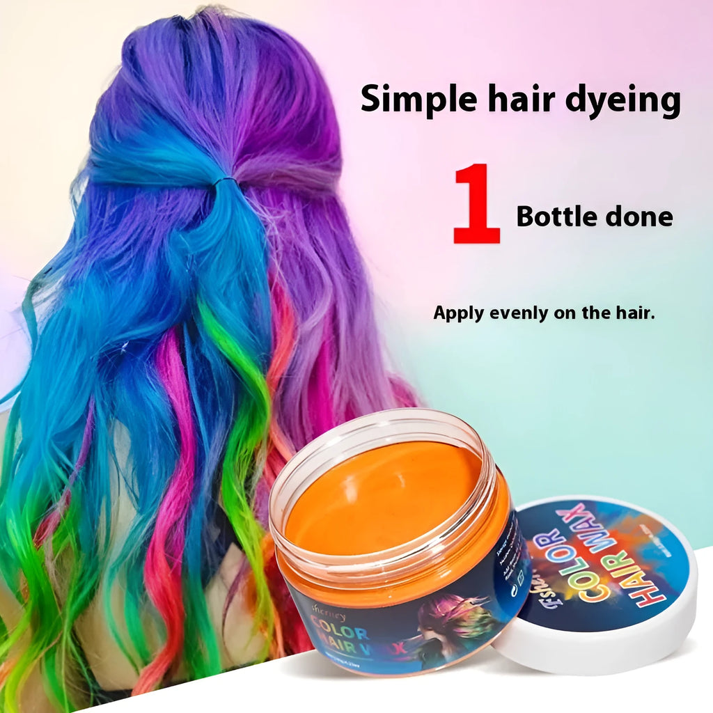 120g jar of hair styling clay showing colour options: blue, green, orange, red, white, yellow, purple, rose, granny grey.